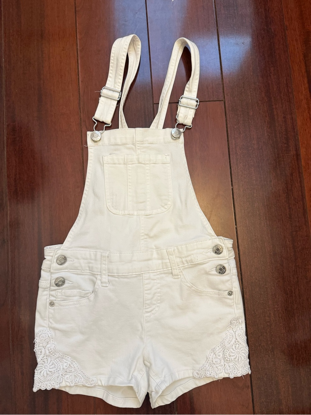 Justice Cream Lace-Trim Denim Short Overalls